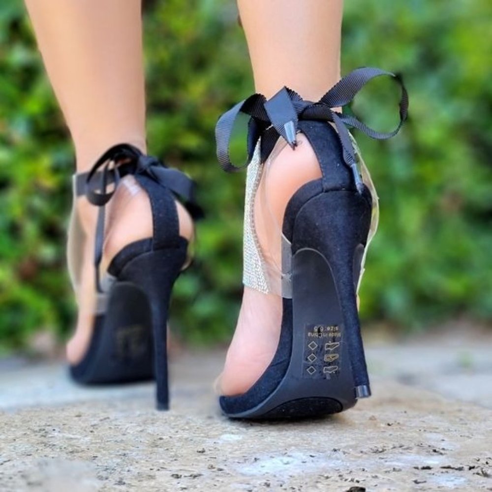 Women's Black Rhinestone Glitter Stilettos High Heel Sandals - Picture 5 of 5